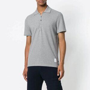 Thom Browne Classic Pique Cotton 4-Bar Polo Tee Shirt, Grey, Size 1 (Small)